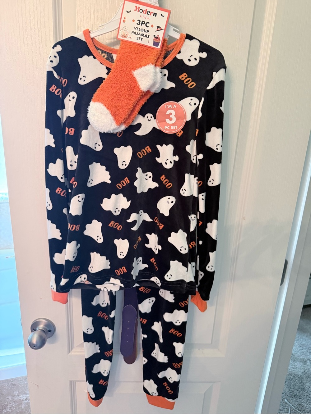 NWT Black Ghost-Print 3PC Pajama Set with Orange Trim